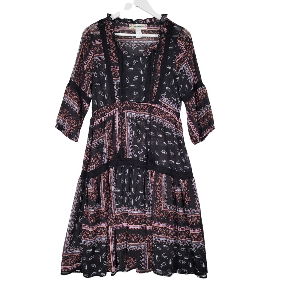 Mimi Chica Boho Midi Dress‎ Small Sheer Black Paisley Bandana Print Lace Trim
